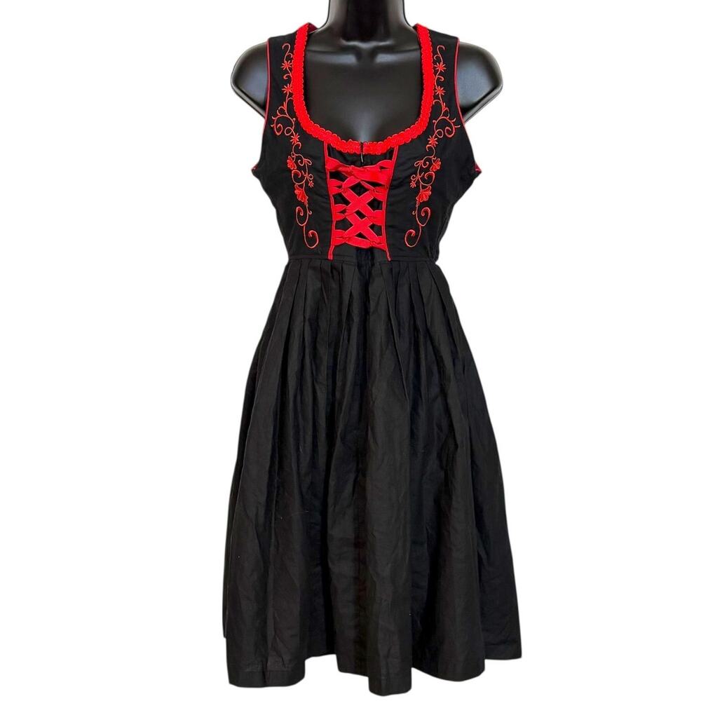 BLACK & RED WOMENS DIRNDL LACE UP FRONT OCTOBERFEST TRADITIONAL RETRO SZ 32 XS S
